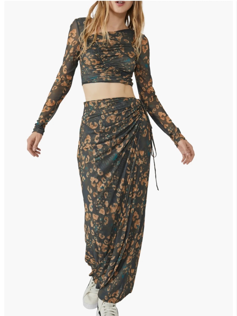 Free People Supernova Long Sleeve Mesh Top & Skirt Dark Combo Green Size S
